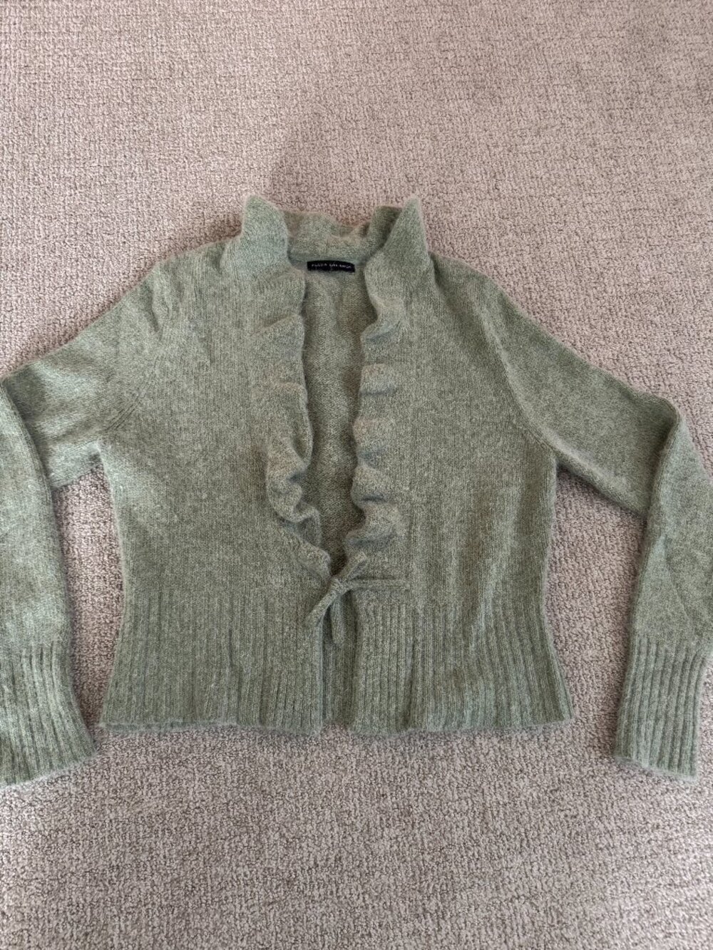 Elena Solano Angora Blend Ruffled Open Front Cardigan, Green
